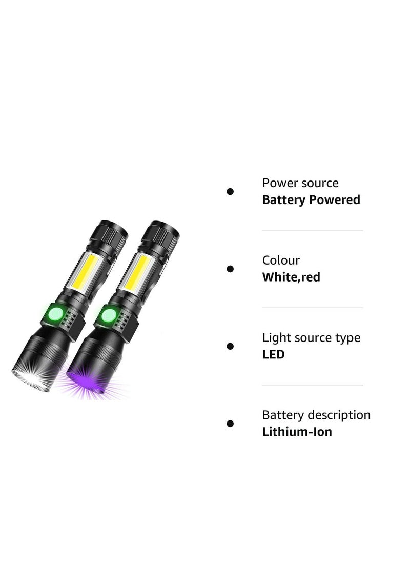 Excefore - USB Rechargeable Torches, 3 in 1 Super Bright Torches LED  Rechargeable, with whitelight redlight & UV, Super Bright Waterproof LED Torch, 7 Modes, Zoomable, for Camping, Emergency (2 Pcs) - Image 1