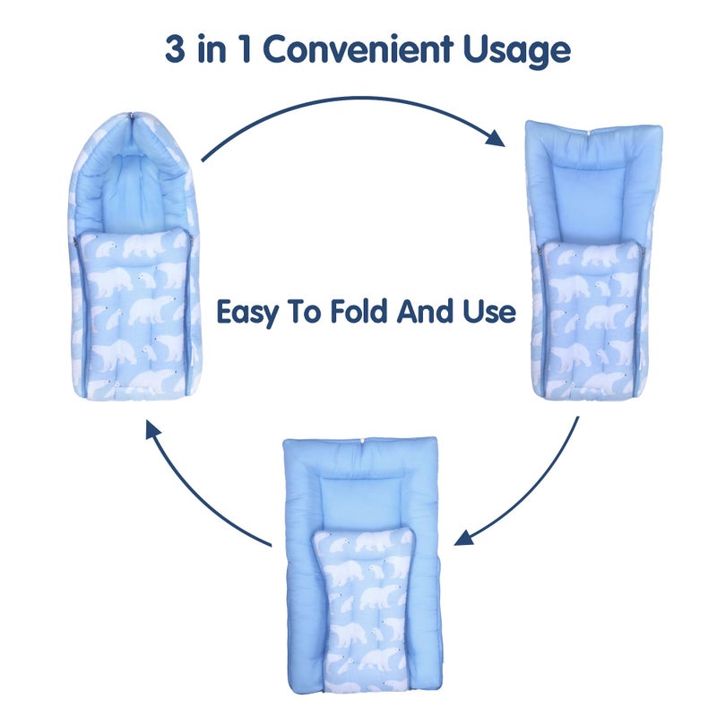 1ST STEP Muslin Cotton 3 in 1 Baby Bed, Sleeping Bag & Carry Nest, Cotton Baby Bedding for New Born & Infant, Portable Bassinet, for Baby Carrying & Sleeping, Unisex Baby Sleeping Bed (BLPOLARBEAR) - Image 3