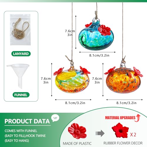 KRISININE Set 3 Small Blown Glass Hummingbird Feeders for Outdoors Hanging with 2 Flower Feeding Ports 3inch Glass Humming Bird Feeders Garden Decor for Outside - Image 3