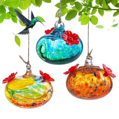 KRISININE Set 3 Small Blown Glass Hummingbird Feeders for Outdoors Hanging with 2 Flower Feeding Ports 3inch Glass Humming Bird Feeders Garden Decor for Outside - Image 1