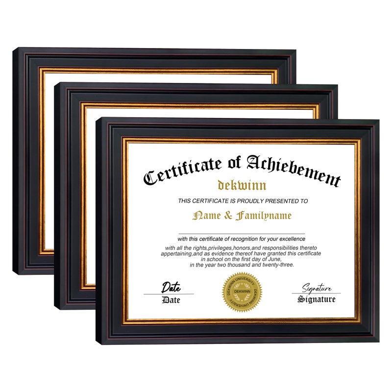 DEKWINN 8.5x11 Diploma Frames Certificate Document Frame Set of 3 with Real Glass, Diploma Frame for Wall Gallery or Tabletop display, Black Gold Molding,Without Mat - Image 1