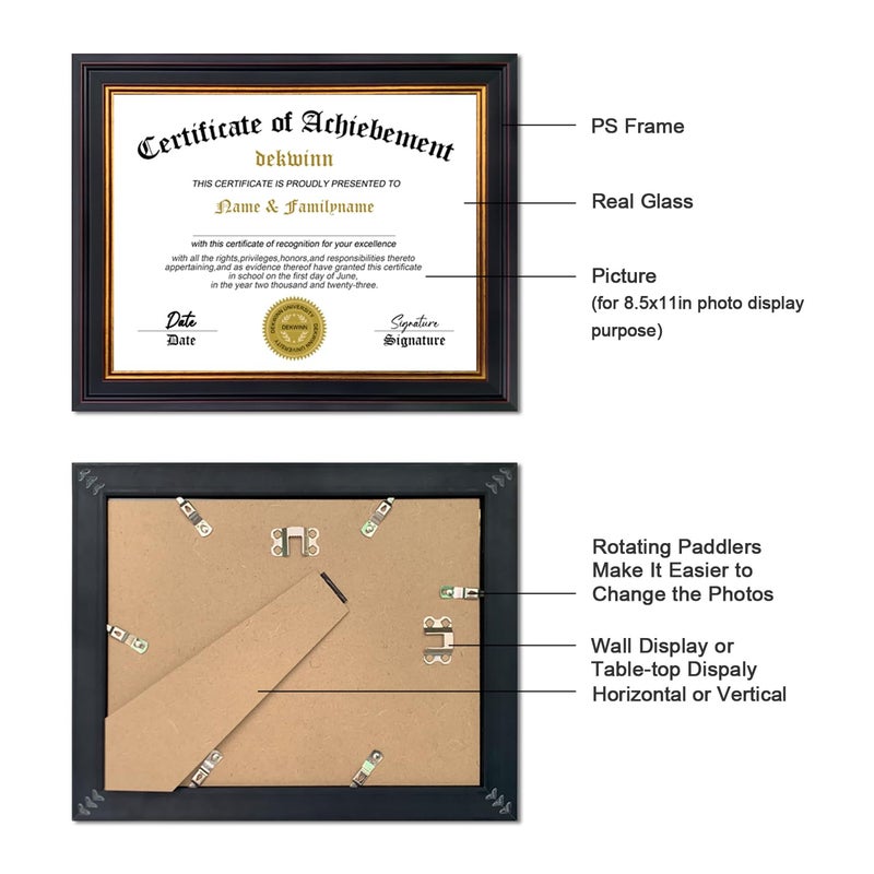 DEKWINN 8.5x11 Diploma Frames Certificate Document Frame Set of 3 with Real Glass, Diploma Frame for Wall Gallery or Tabletop display, Black Gold Molding,Without Mat - Image 2