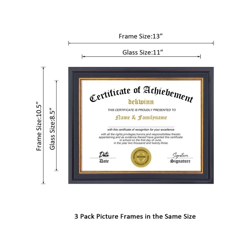 DEKWINN 8.5x11 Diploma Frames Certificate Document Frame Set of 3 with Real Glass, Diploma Frame for Wall Gallery or Tabletop display, Black Gold Molding,Without Mat - Image 3