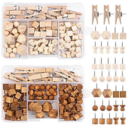 180 Pcs Wood Push Pins 2 Colors and 7 Types Decorative Thumb Tacks Wooden Head Pin Map Tacks Marking Pin Wood Thumb Tacks Decorative for Bulletin Boards Craft Projects with Storage Box