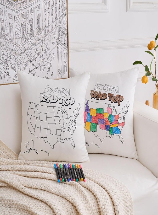 MANWU غطاء وسادة للتلوين بخريطة الولايات المتحدة الأمريكية مع 12 قلم تلوين قماشي، مجموعة من قطعتين، يمكنك تلوين خريطة الولايات الخمسين الأمريكية التي تمت زيارتها بنفسك، غطاء وسادة لتتبع الرحلات، مناسب للمغامرات، عربة التخييم (18 × 18 بوصة) - Image 2