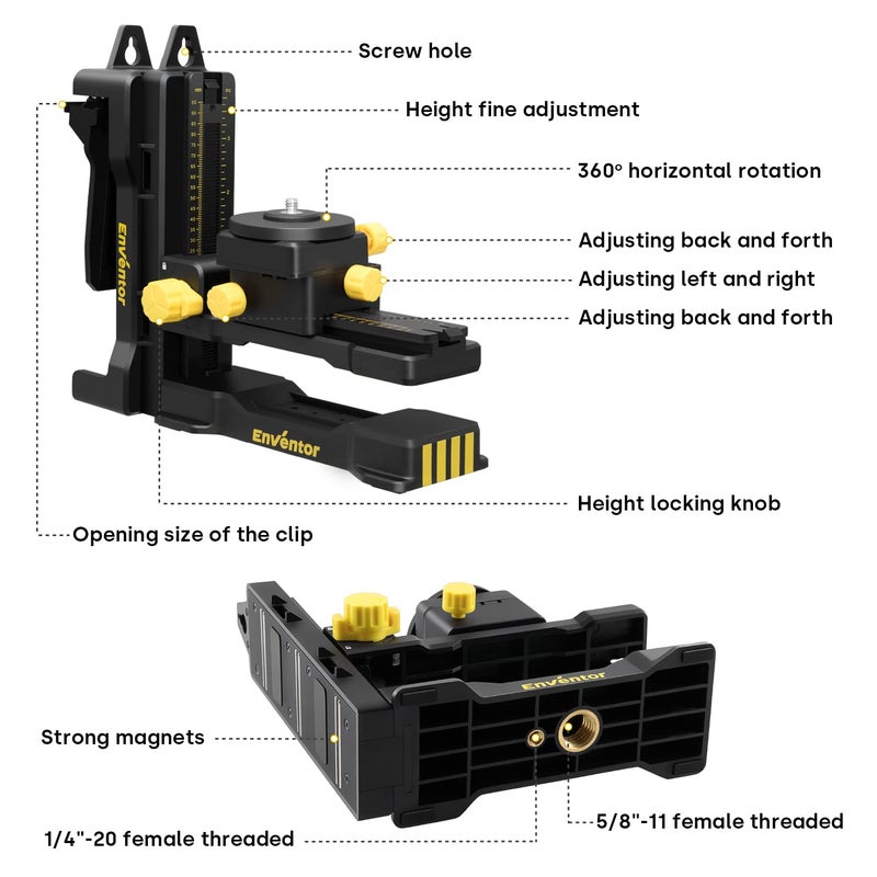 ENVENTOR Fine-tuning Bracket Laser Level Adapter, 1/4"-20 Male Threaded L-Shape Magnetic Pivoting Base with Adjustable Clip for Wall & Ceiling Mounted, 360Â° Adjustable Support, Height Adjustment - Image 5