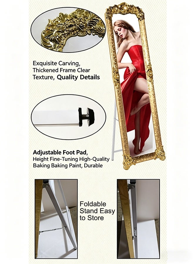 Vintage Gold Ornate Carved Full Length Standing Mirror, Baroque Style Free-Standing Full Body Dressing Mirror with Foldable Support Stand for Bedroom, Living Room & Clothing Shop (165×45CM - Gold) - Image 5