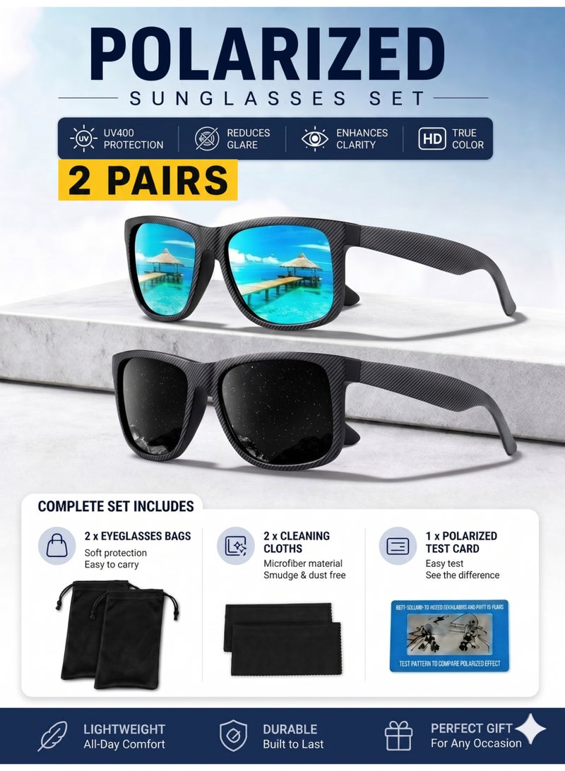 Pack of 2 Polarized Sport Sunglasses Unisex, Carbon Fiber Texture Frame, UV400 Driving, Mirrored Ice Blue & Black - Image 1