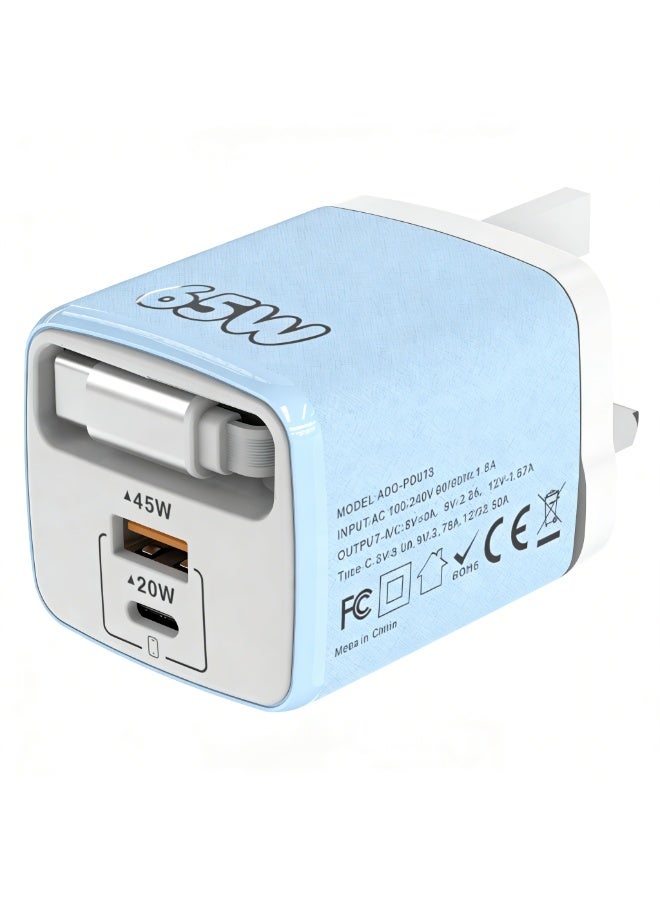 65W UK GaN Fast Charger with 60cm Retractable PD Cable – Dual Port (USB-C + USB-A) Wall Charger Adapter, Multi-Protection, Compact Travel Charger Compatible Blue - Image 1