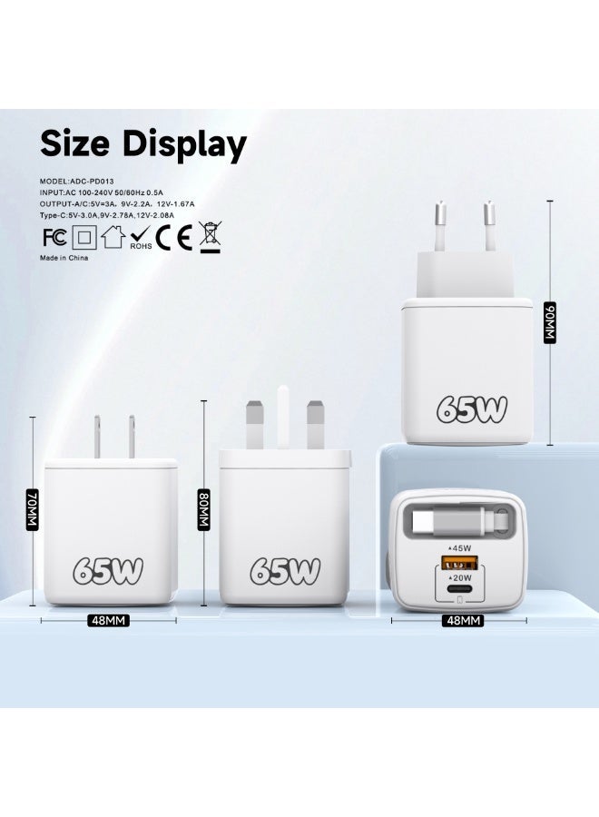 65W UK GaN Fast Charger with 60cm Retractable PD Cable – Dual Port (USB-C + USB-A) Wall Charger Adapter, Multi-Protection, Compact Travel Charger Compatible Blue - Image 4