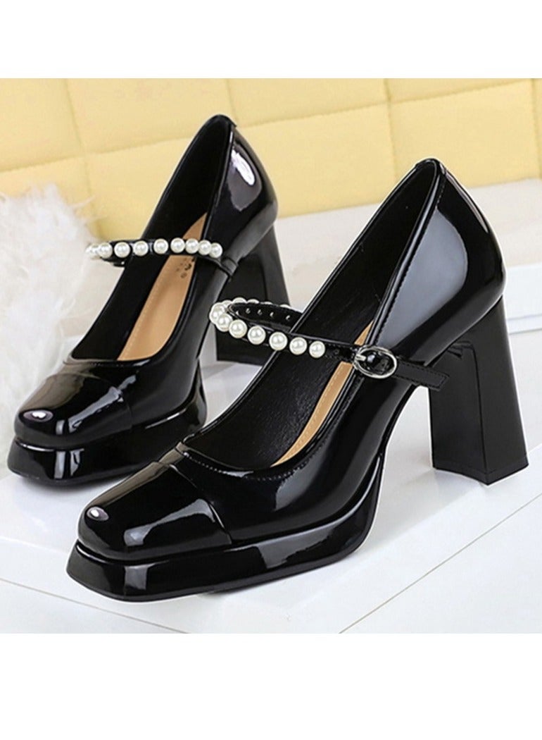 بيج تري ماري جين الأحذية الكعب العالي السمينة مغلقة إصبع القدم الخرز حزام الكاحل الأحذية الأسود - Image 1