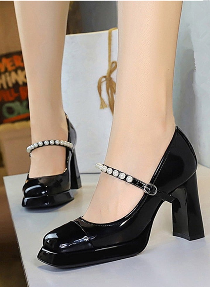 بيج تري ماري جين الأحذية الكعب العالي السمينة مغلقة إصبع القدم الخرز حزام الكاحل الأحذية الأسود - Image 3