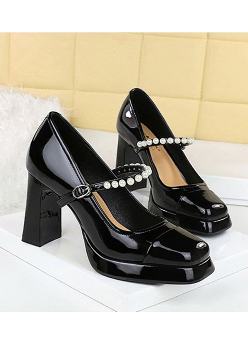 بيج تري ماري جين الأحذية الكعب العالي السمينة مغلقة إصبع القدم الخرز حزام الكاحل الأحذية الأسود - Image 2