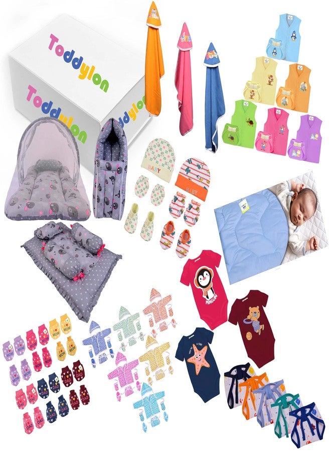 Toddylon 79 in 1 New Born Baby Products All Complete Daily Essentials Combo for Baby Boys & Baby Girls | Gift Packs | Bedding & Clothing | Hospital Kit | Baby Shower (0-6 Months) Grey - Image 1