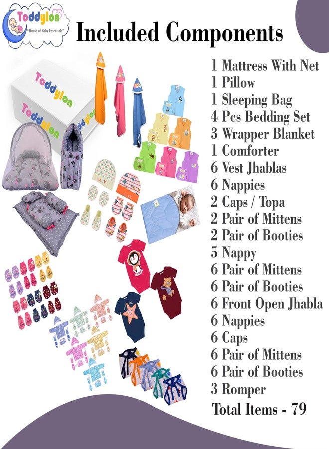 Toddylon 79 in 1 New Born Baby Products All Complete Daily Essentials Combo for Baby Boys & Baby Girls | Gift Packs | Bedding & Clothing | Hospital Kit | Baby Shower (0-6 Months) Grey - Image 3