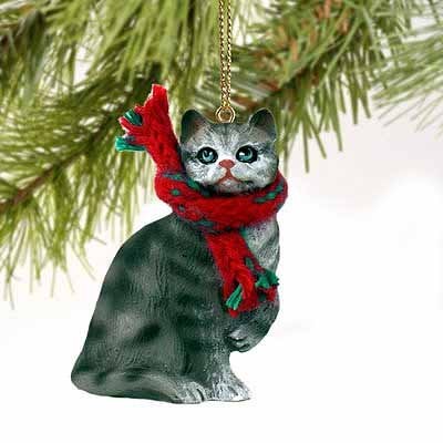 Tabby Cat Tiny Miniature One Christmas Ornament Silver Shorthaired - Delightful!