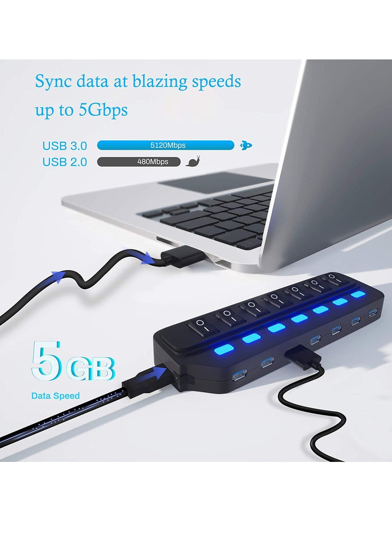 SYOSI USB Hub 3.0 Splitter, 7 Port USB Data Hub with Individual OnOff Switches and Lights for Laptop, PC, Computer, Mobile HDD, Flash Drive, PD Charging for Macbook and Other Type C Laptops  - Image 3