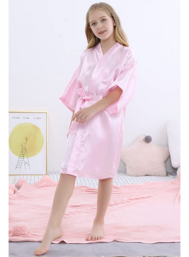 SEALINF روب حريري للفتيات من SEALINF - رداء كيمونو بلون موحد للأطفال - ثوب نوم - رداء استحمام لحفلات السبا وأعياد الميلاد وحفلات الزفاف والاستعداد (وردي، علامة 10) - Image 3