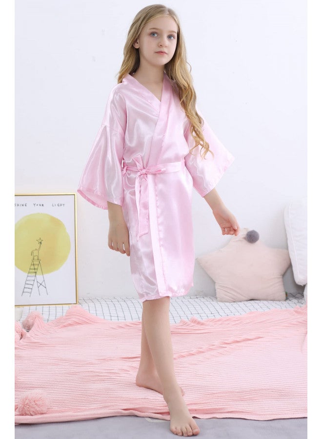 SEALINF روب حريري للفتيات من SEALINF - رداء كيمونو بلون موحد للأطفال - ثوب نوم - رداء استحمام لحفلات السبا وأعياد الميلاد وحفلات الزفاف والاستعداد (وردي، علامة 10) - Image 2
