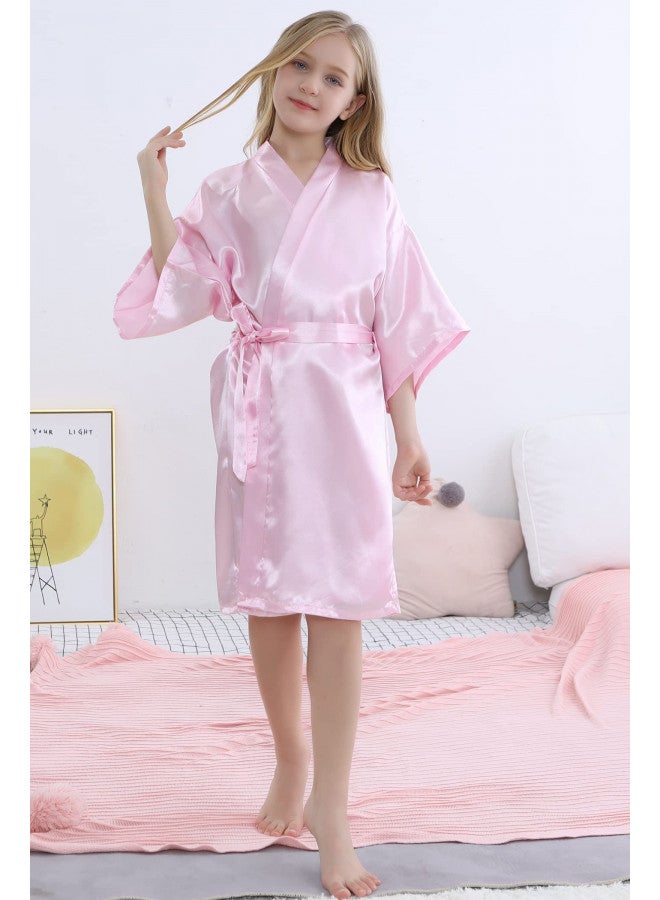 SEALINF روب حريري للفتيات من SEALINF - رداء كيمونو بلون موحد للأطفال - ثوب نوم - رداء استحمام لحفلات السبا وأعياد الميلاد وحفلات الزفاف والاستعداد (وردي، علامة 10) - Image 1