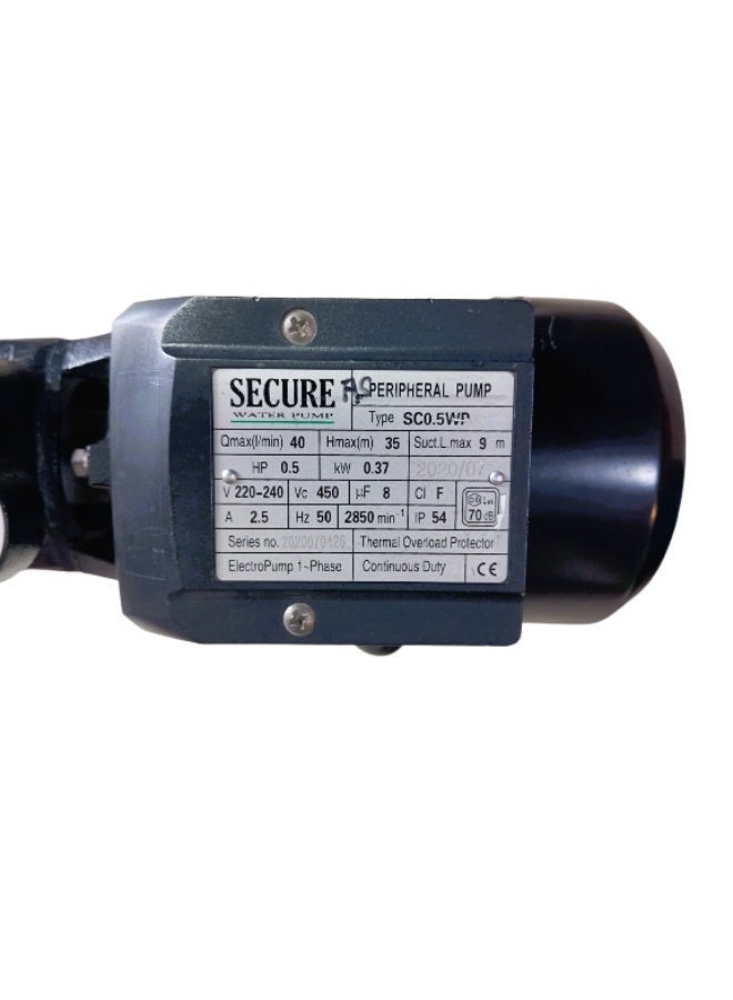 SECURE SC0.5WP Peripheral Water Pump 0.5HP, 370W Electric Single Phase Pump, 40 L/min Flow, 35m Head, 9m Suction, 220-240V, 50Hz, IP54, Continuous Duty Water Transfer Pump - Image 2