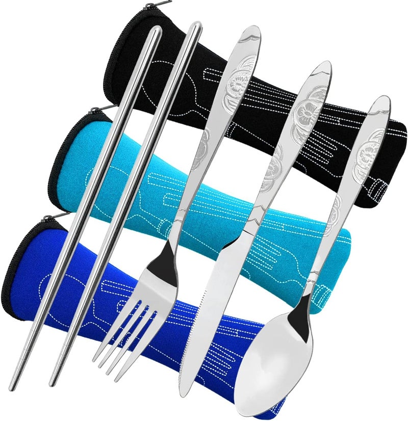 CKANDAY 3 Pack Camping Silverware Set CKANDAY 12 Pcs Knife Fork Spoon Chopsticks Stainless Steel with Carrying Case Rustproof Tableware Flatware for Traveling Picnic Working HikingBlackBlueLight Blue - Image 1