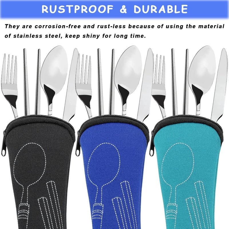 CKANDAY 3 Pack Camping Silverware Set CKANDAY 12 Pcs Knife Fork Spoon Chopsticks Stainless Steel with Carrying Case Rustproof Tableware Flatware for Traveling Picnic Working HikingBlackBlueLight Blue - Image 3