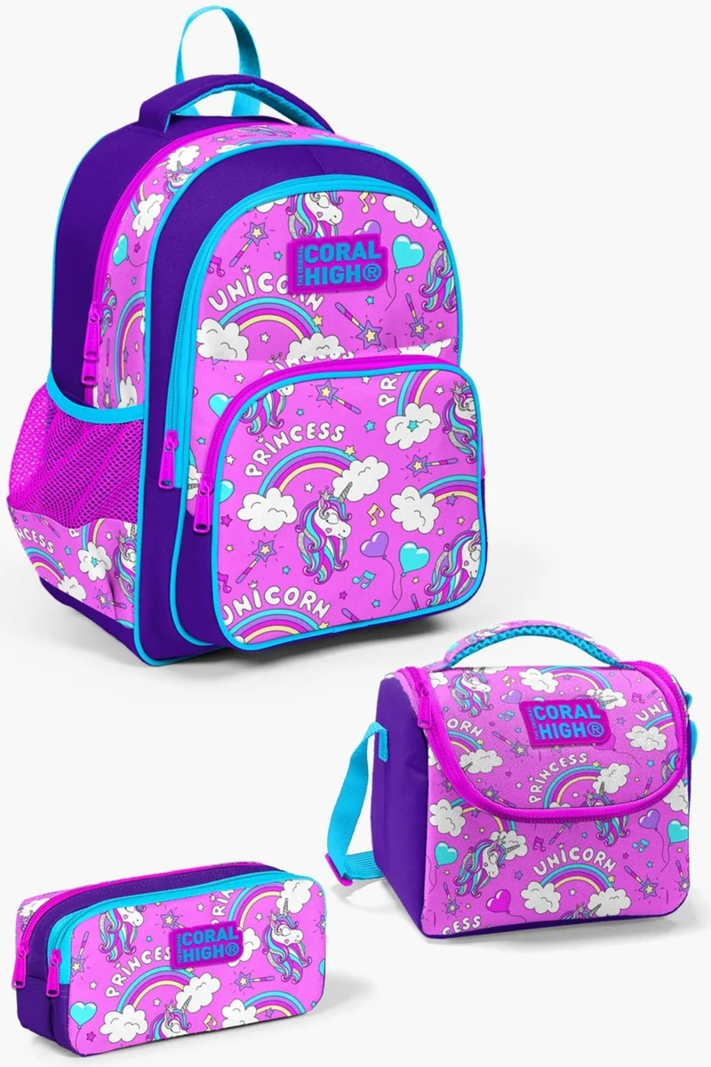 كورال هاي Kids Purple Light Pink Unicorn Patterned 3-Piece School Bag Set SET0123404