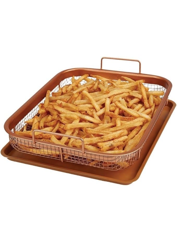 Crisper Copper Air Fryer - Premium Multi-Purpose Copper Pan with Non-Stick Grilling Mesh Tray - Square Pan Design, Non-Stick and Oven Safe - Image 3