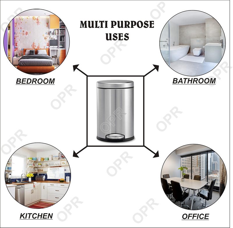OPR Stainless Steel Plain Pedal Dustbin with Lid Trash Can Round Shape Dustbin for Bathroom Home Kitchen washrooms Room and Office Pack Of 2 5 Litre - Image 5