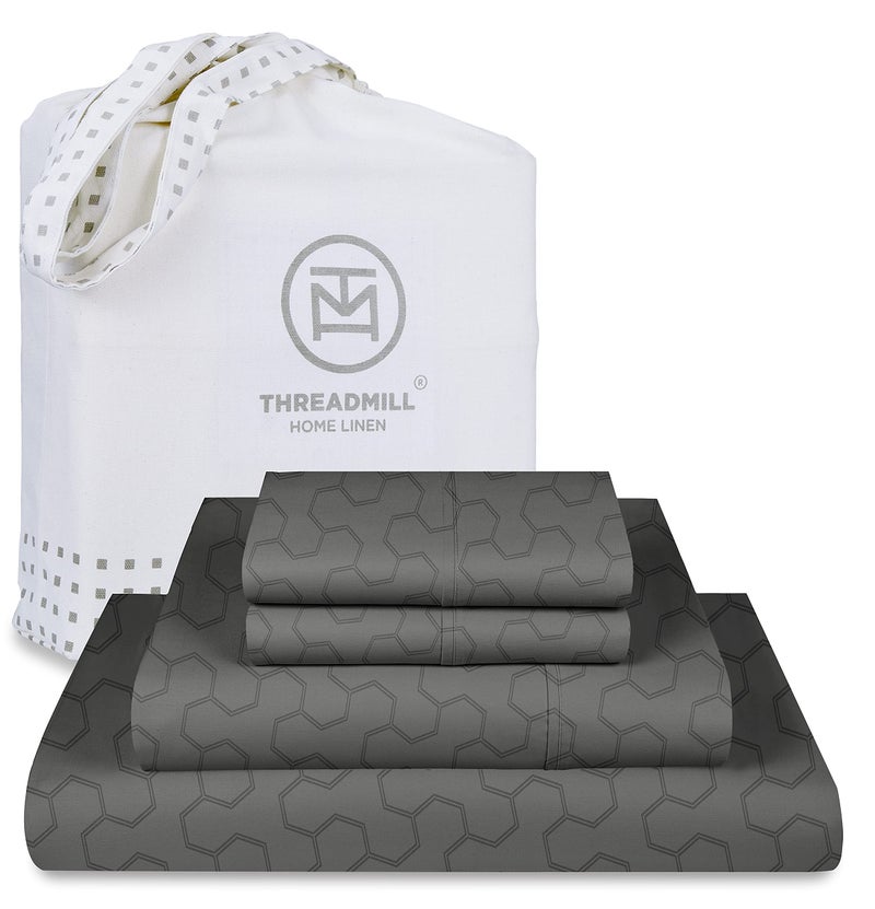 Threadmill Threadmill 500 Thread Count Queen Size 4 Pc Luxury Cotton Bedding Sheets  Jacquard Floria Dark Grey  Silky Smooth Sheets with 16"" Elasticized Deep Pocket  2 Pillowcases & Free Tote Bag  - Image 1