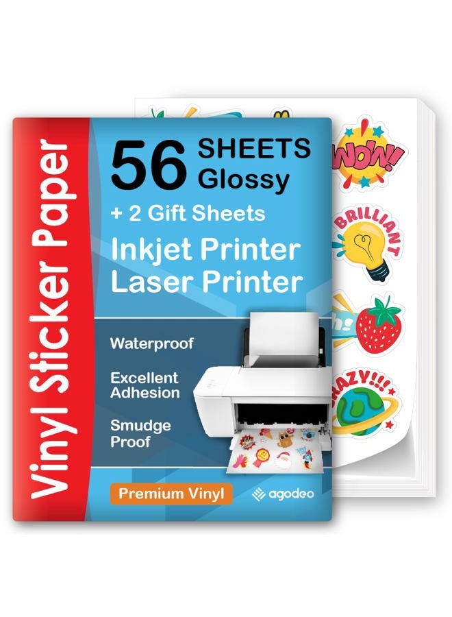 AgoDeo Premium Printable Vinyl Sticker Paper for Inkjet & Laser Printer - 56 Sheets - Glossy White - Self-Adhesive Waterproof Sheets - Dries Quickly & Vivid Colors - Holds Ink Well - Tear Resistant - Image 1