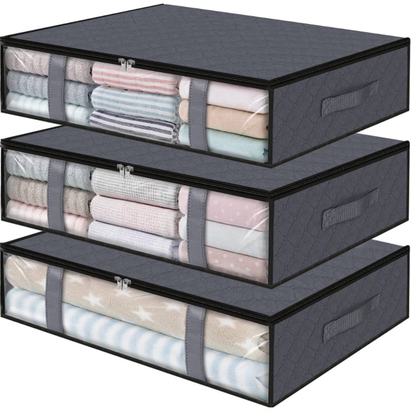 StorageRight صناديق تخزين storageright تخزين ملابس قابلة للطي الأكياس تخزين تحت الحاويات تخزين السرير لتنظيم ملابس الملابس المعزي خزانة لحاف نوم منظم 3 عبوات رمادية - Image 1