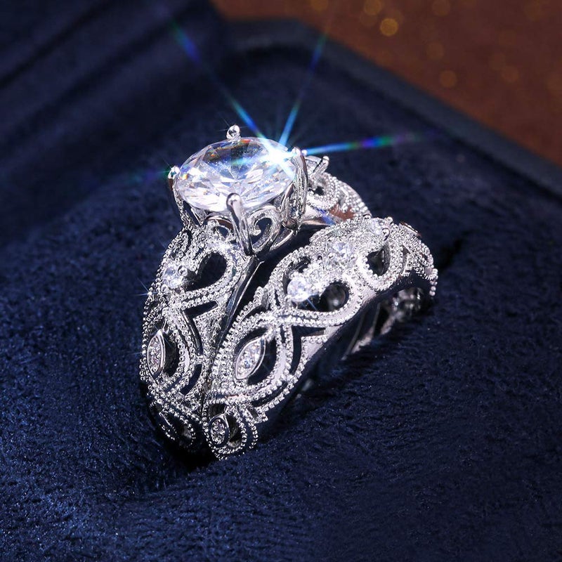 925 Sterling Silver Shiny Full Diamond Gemstone Ring Cubic Zirconia Rings CZ Diamond Ring Double Ring Eternity Engagement Wedding Band Ring for Women US Code 8