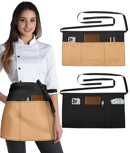 Slohif Reversible Server Apron 6 Pockets - Waist Apron for Waitress Women Khaki Half Serving Short Apron for Waiter Bistro Bar Restaurant Kitchen Accessories - Image 1