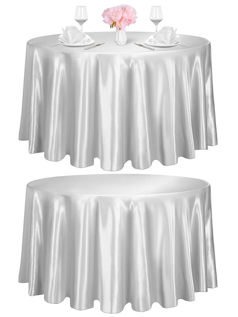TURSTIN 2 Pieces Round Satin Tablecloth 120 Inches Overlay Table Cover Smooth Fabric Table Decor Bright Silk Tablecloth for Holiday Dinner Wedding Banquet Table Decoration Light Silver