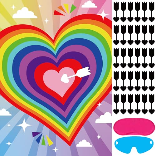 Hxezoc Valentines Games for Kids Pin The Arrow On The Heart with 30 Pcs Arrow Stickers Large Valentines Party Game Set for Boys Girls Includes Poster Blindfold Stickers Adhesive - Image 1