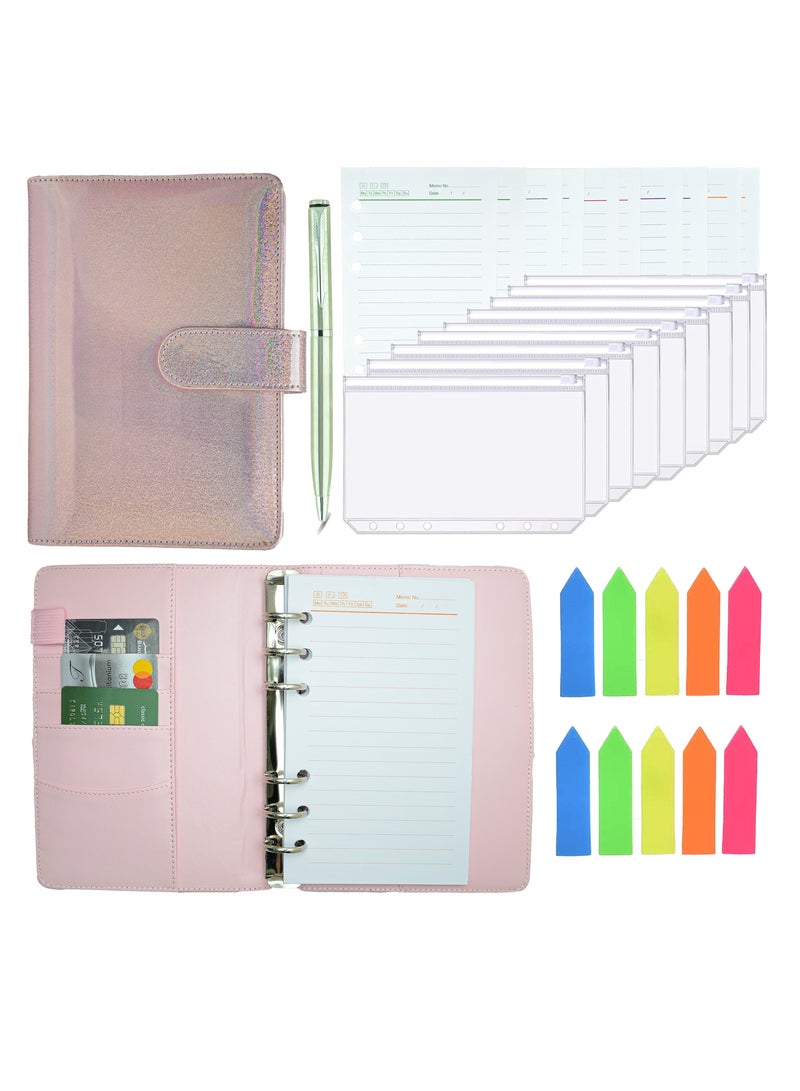 Money envelope, budget papers, and expenses - with cash envelopes for budgeting and saving money - colored sticky notes and a metal pen - engraved pink - Image 1
