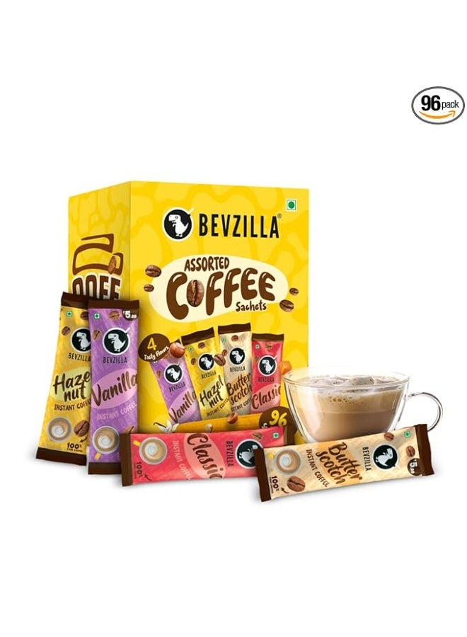 Bevzilla 96 Instant Coffee Powder Sachets(4 Flavours) - 192 Grams | Hazelnut, Classic, Vanilla & Butterscotch | 24 pouches Each Flavour | Arabica Coffee | for Espresso, Latte,Cappuccino | Hot & Cold Brews