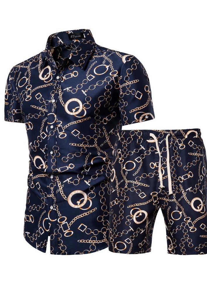 KUYING Men's Short Sleeved Shirt Set, Men's Casual Printed Shirt Shorts Two-piece Set 