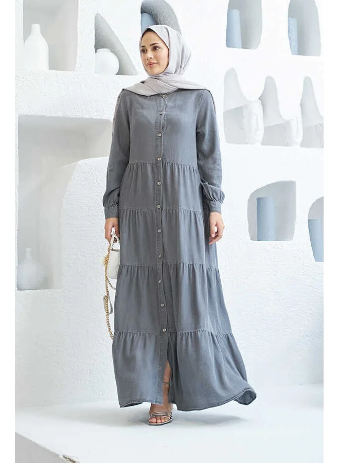 Neways 6556-DENIM Buttoned Pleated Dress Gray