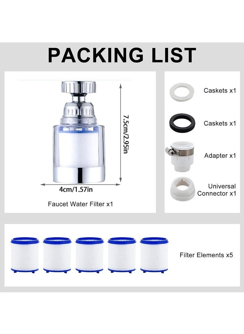 Sink Filter Water Faucet, Universal 360 Degree Rotating Sink Filter with 5 Filter Element, Kitchen Faucet Water Filter for Home Kitchen Bathroom