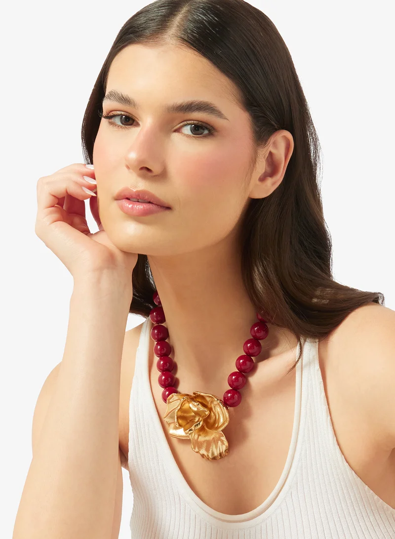 Ella Red Stone Beaded Necklace with Golden Flower Charm for Women | Best Price UAE