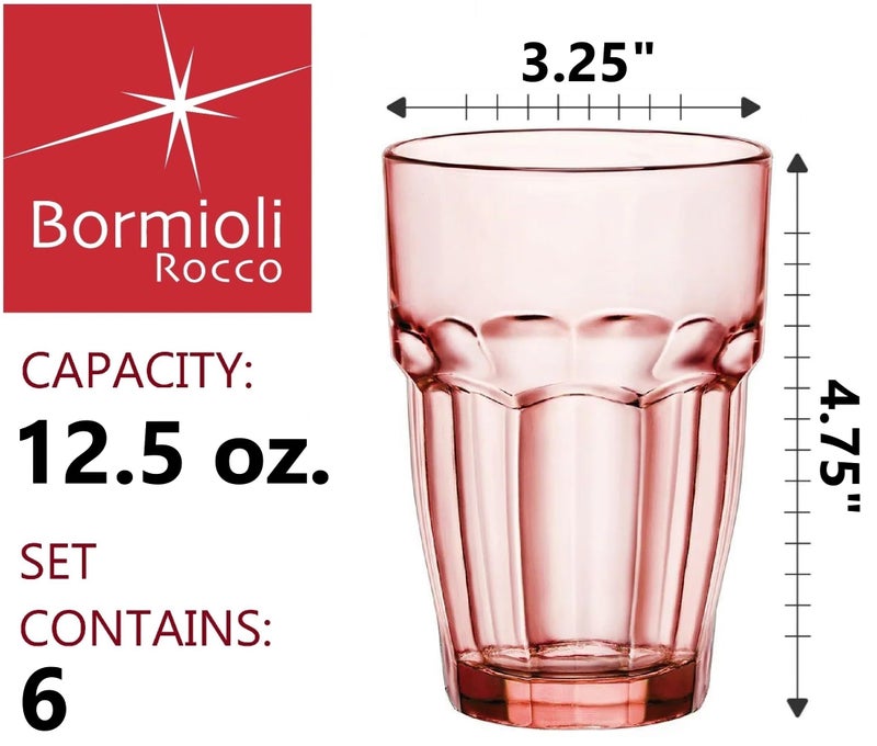Bormioli Rocco Rock Bar 12.5 oz. Long Drink Stackable Tempered Beverage Glasses for Cold Drinks, Water, and Cocktails, Set of 6, Peach - Image 2