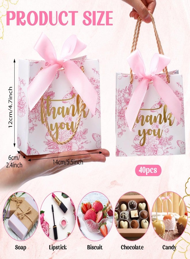 Kolldenn 40 Pcs Small Thank You Floral Gift Bags 5.5''x 2.4''x 4.7'' Pink White Paper Party Favor Bag with Handle Chinoiserie Floral Bag Bulk with Ribbon for Wedding Birthday Bridal Baby Shower - Image 2