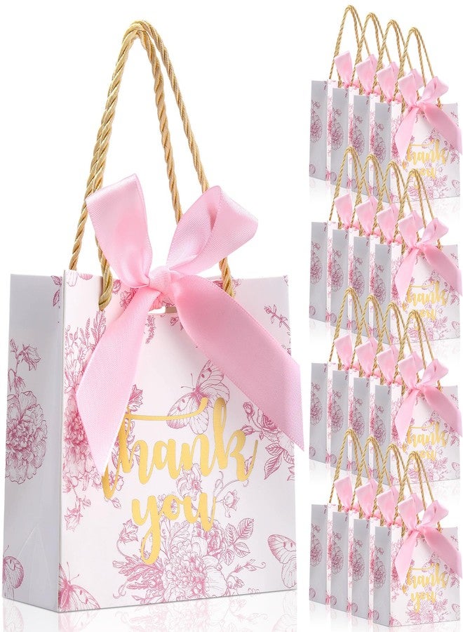Kolldenn 40 Pcs Small Thank You Floral Gift Bags 5.5''x 2.4''x 4.7'' Pink White Paper Party Favor Bag with Handle Chinoiserie Floral Bag Bulk with Ribbon for Wedding Birthday Bridal Baby Shower - Image 1