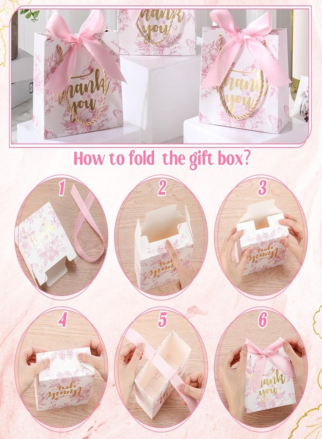 Kolldenn 40 Pcs Small Thank You Floral Gift Bags 5.5''x 2.4''x 4.7'' Pink White Paper Party Favor Bag with Handle Chinoiserie Floral Bag Bulk with Ribbon for Wedding Birthday Bridal Baby Shower - Image 3