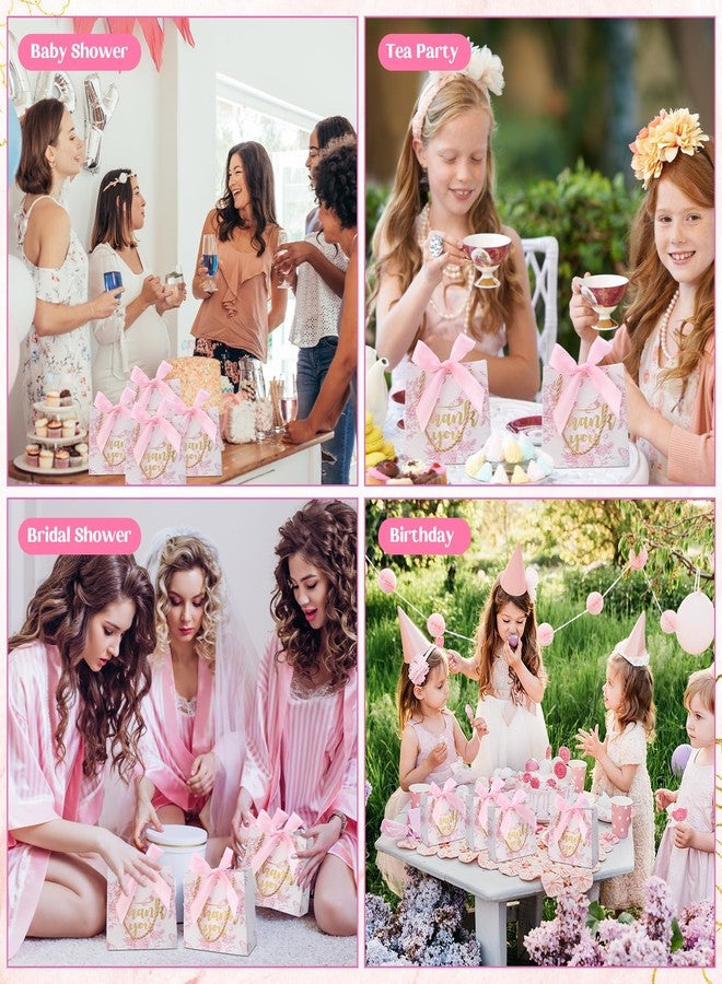 Kolldenn 40 Pcs Small Thank You Floral Gift Bags 5.5''x 2.4''x 4.7'' Pink White Paper Party Favor Bag with Handle Chinoiserie Floral Bag Bulk with Ribbon for Wedding Birthday Bridal Baby Shower - Image 4