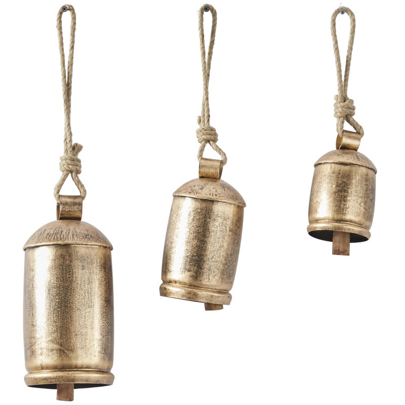 Deco 79 Gold Metal Tibetan Inspired Decorative Giant XL Cow Bells with Jute Hanging Rope Set of 3 1086H  Cylindrical