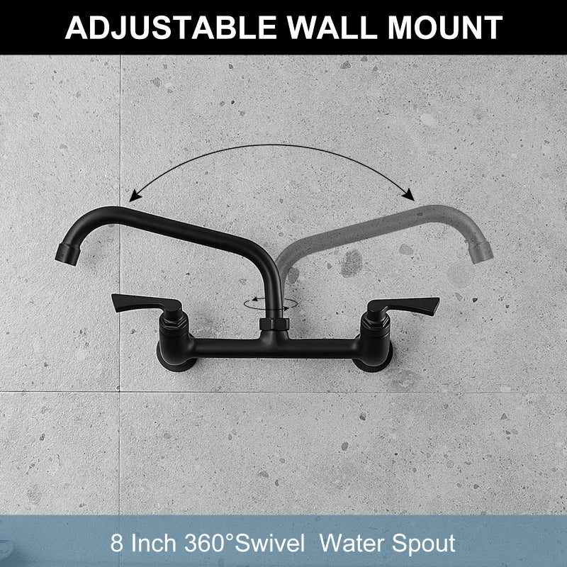 BWE الجدار المطبخ صنبور الصنبور غير اللامع أسود اثنين من مقابض المطبخ صنبور مع 8 بوصة دوار صنب - Image 5